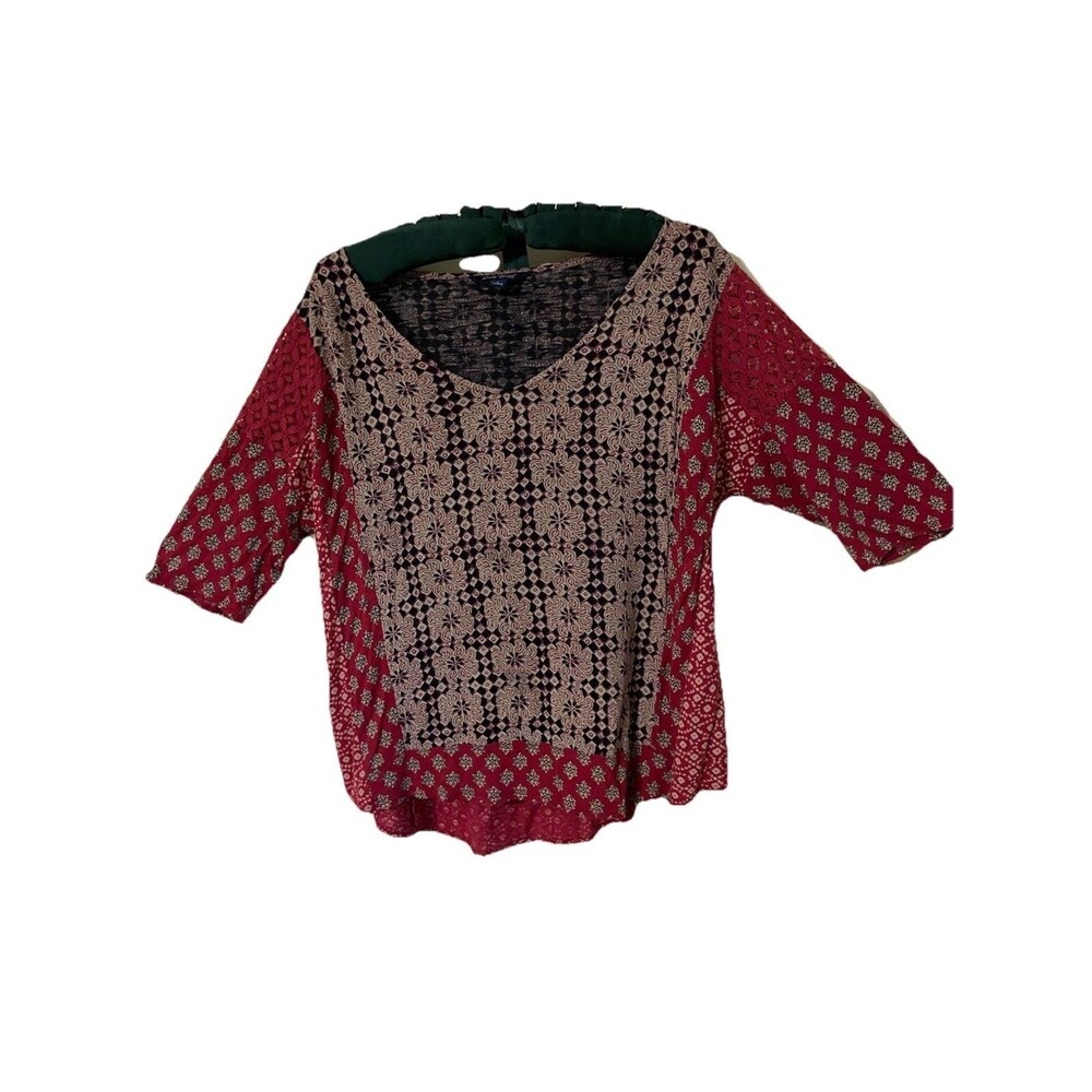 Lucky Brand Womens Top L Red Rust Brown White RN 80318 Color Block w/Design